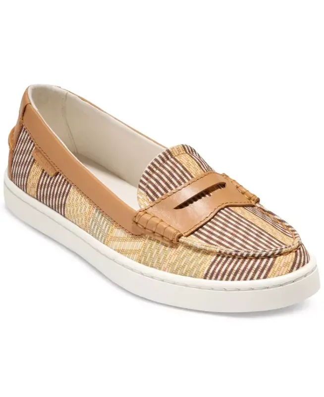 Women's Nantucket Penny Loafer Flats - Bali Striped Printed Canvas, Biscuit, Ivory - COLE HAAN