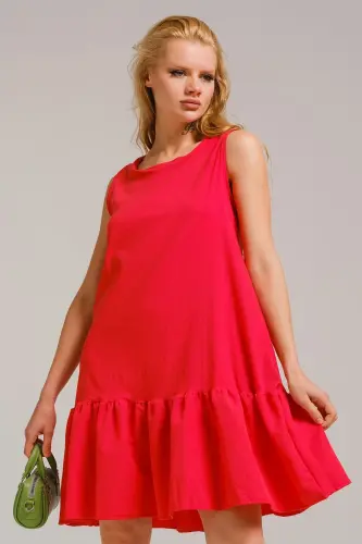 Kadın Nar Çiçeği Kolsuz Eteği Fırfırlı Elbise ARM-18Y001156-Nar Çiçeği 