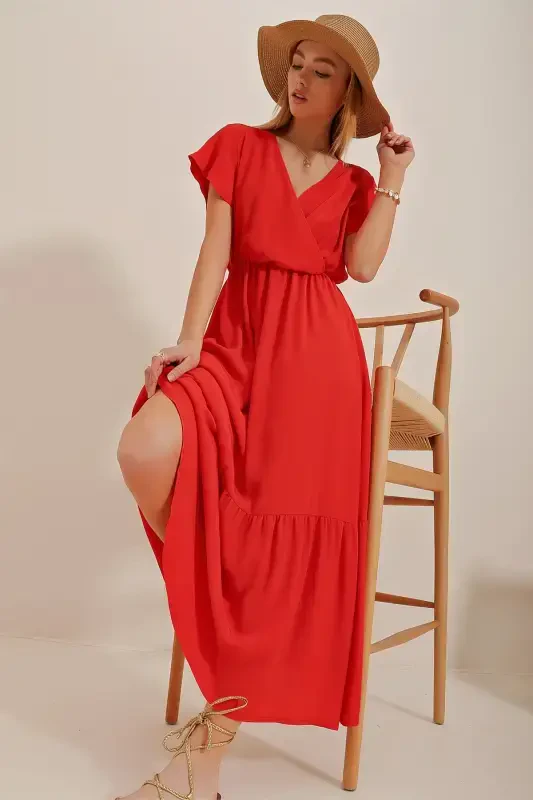 Kadın Nar Çiçeği Kruvaze Yaka Maxı Boy Krinkıl Elbise ALC-X4373-Nar Çiçeği - 4