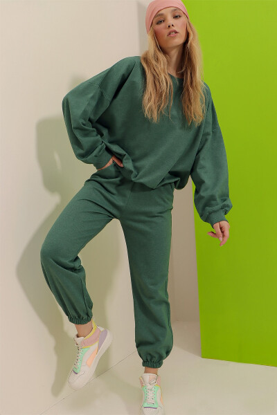 Kadın Nefti Yeşili Bisiklet Yaka Bel Ve Paça Lastikli İki İplik Basic Eşofman Takımı ALC-507-669-001-NEFTİ YEŞİLİ - 4