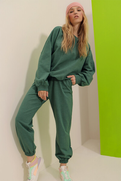 Kadın Nefti Yeşili Bisiklet Yaka Bel Ve Paça Lastikli İki İplik Basic Eşofman Takımı ALC-507-669-001-NEFTİ YEŞİLİ - 5