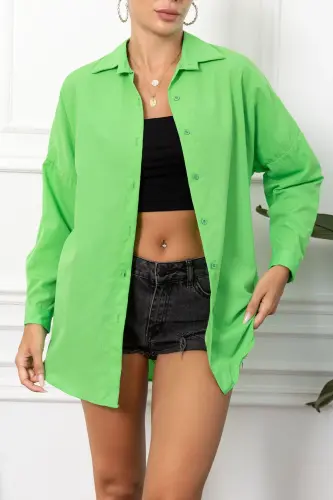 Kadın Neon Koyu Yeşil Oversize Uzun Basic Gömlek ARM-22Y001118-Neon Koyu Yeşil - 3
