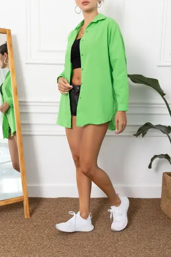 Kadın Neon Koyu Yeşil Oversize Uzun Basic Gömlek ARM-22Y001118-Neon Koyu Yeşil - ARMONIKA (1)