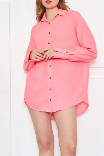 Kadın Neon Pembe Oversize Dokulu Keten Görünümlü Geniş Manşetli Gömlek Arm-24k001001-Neon Pembe - 3