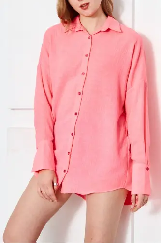 Kadın Neon Pembe Oversize Dokulu Keten Görünümlü Geniş Manşetli Gömlek Arm-24k001001-Neon Pembe - 4