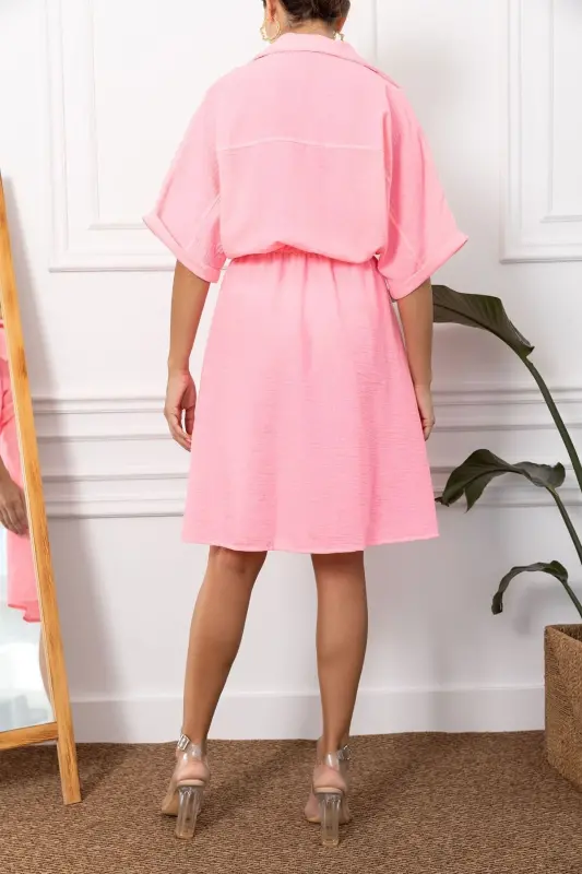 Kadın Neon Pembe Yarasa Kol Cepli Beli Lastikli Elbise ARM-23Y001076-Neon Pembe - 4