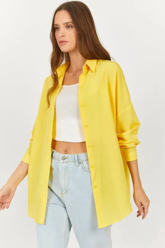 Kadın Neon Sarı Oversize Uzun Basic Gömlek Arm-22y001118-Neon Sarı - ARMONIKA