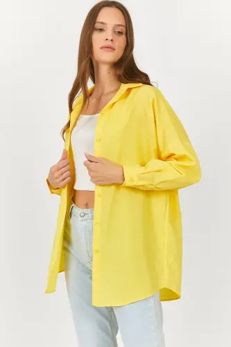 Kadın Neon Sarı Oversize Uzun Basic Gömlek Arm-22y001118-Neon Sarı - 3