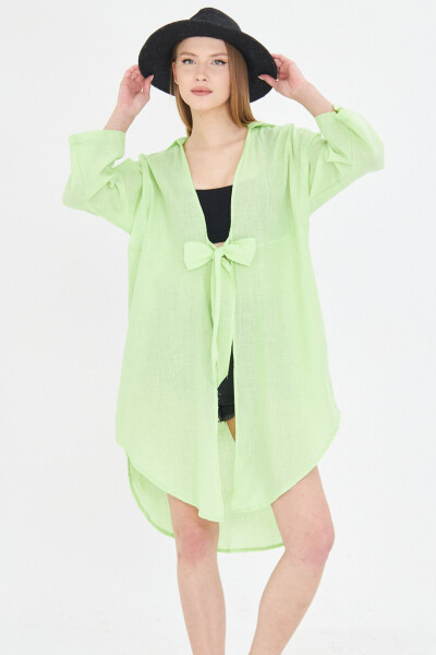 Kadın Neon Yeşil Önden Bağlamalı İnce Keten Kumaş Midi Boy Kimono Gömlek ARM-24Y001081-Neon Yeşil 