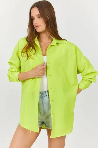 Kadın Neon Yeşil Oversize Uzun Basic Gömlek Arm-22y001118-Neon Yeşil - ARMONIKA (1)