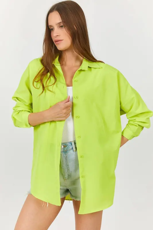Kadın Neon Yeşil Oversize Uzun Basic Gömlek Arm-22y001118-Neon Yeşil - 2