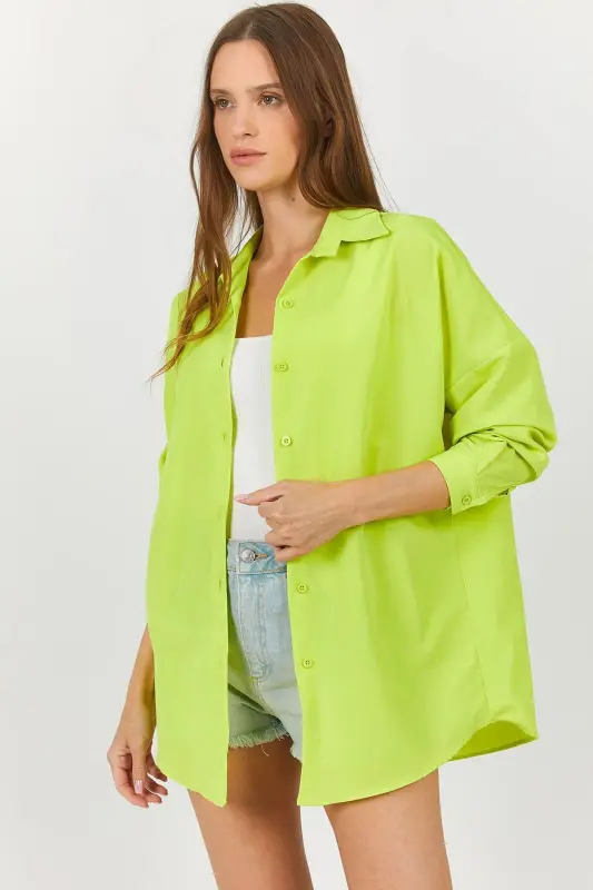 Kadın Neon Yeşil Oversize Uzun Basic Gömlek Arm-22y001118-Neon Yeşil - 1