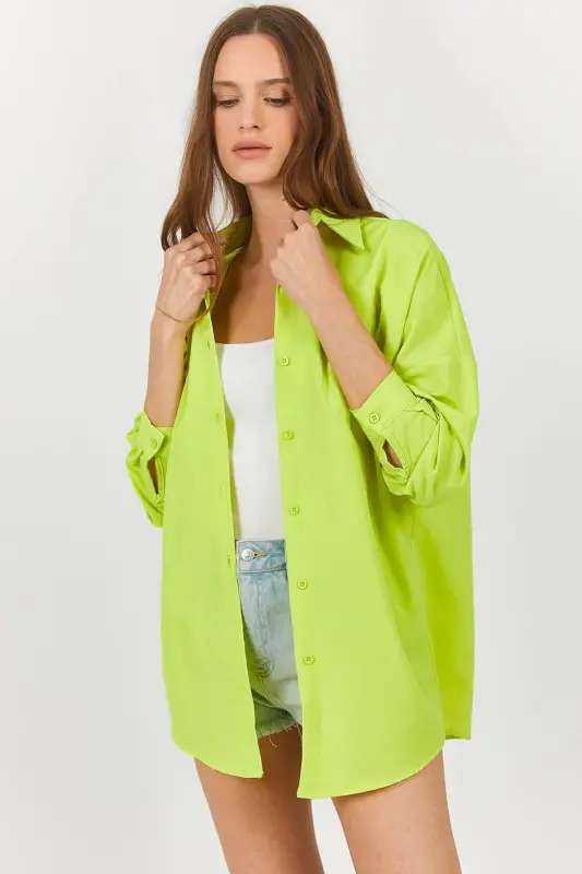 Kadın Neon Yeşil Oversize Uzun Basic Gömlek Arm-22y001118-Neon Yeşil - 3