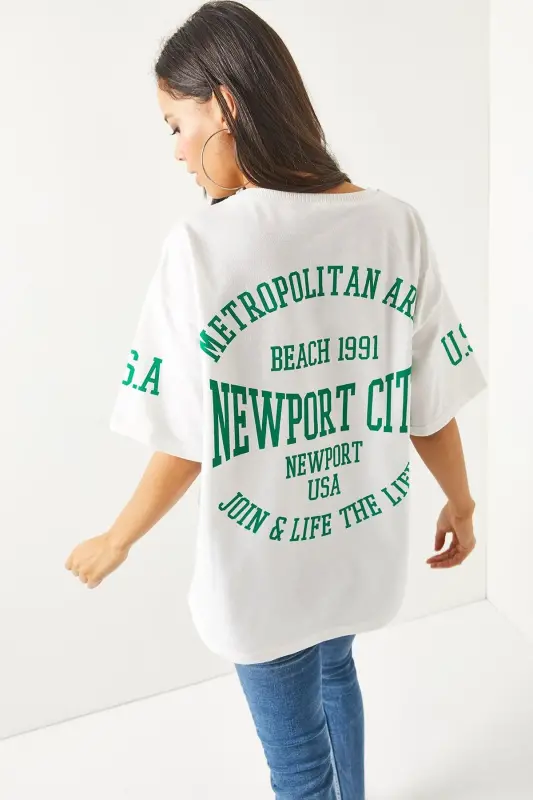 Kadın Newport Beyaz Ön Arka Baskılı 2 iplik Unisex Oversize Tişört TSH-19000696-Newport Beyaz - 4