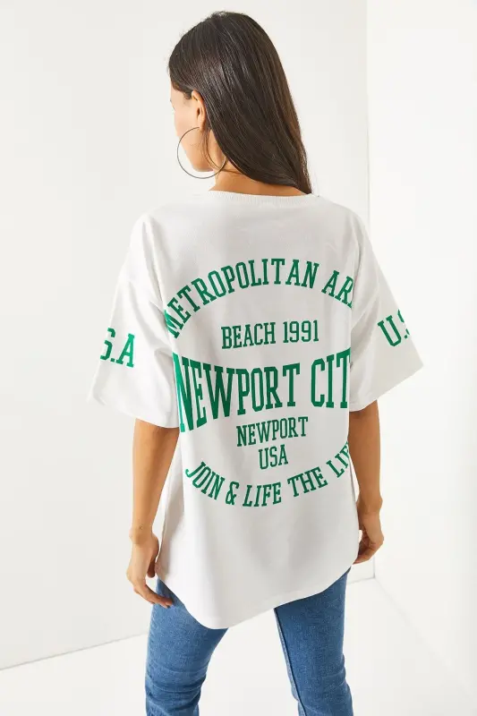 Kadın Newport Beyaz Ön Arka Baskılı 2 iplik Unisex Oversize Tişört TSH-19000696-Newport Beyaz - 5