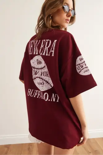 Kadın Newyork Bordo Ön Arka Baskılı 2 iplik Unisex Oversize Tişört TSH-19000696 - Newyork Bordo - 1