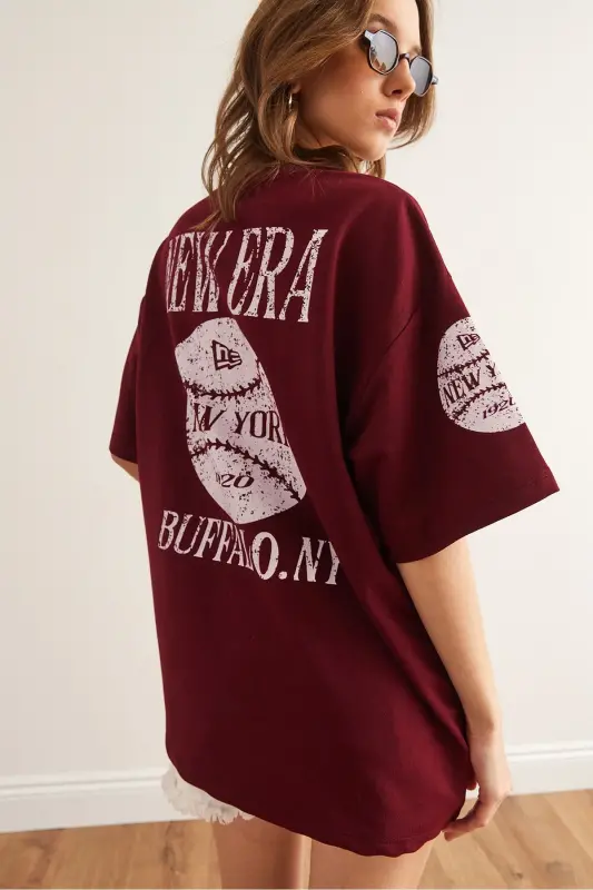 Kadın Newyork Bordo Ön Arka Baskılı 2 iplik Unisex Oversize Tişört TSH-19000696 - Newyork Bordo - 1