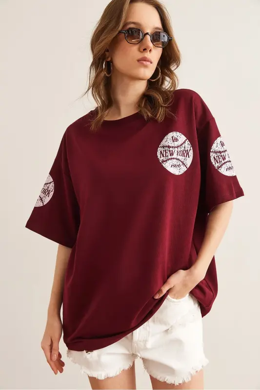 Kadın Newyork Bordo Ön Arka Baskılı 2 iplik Unisex Oversize Tişört TSH-19000696 - Newyork Bordo - 2