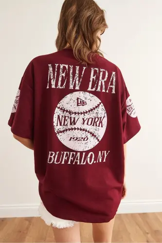 Kadın Newyork Bordo Ön Arka Baskılı 2 iplik Unisex Oversize Tişört TSH-19000696 - Newyork Bordo - 3