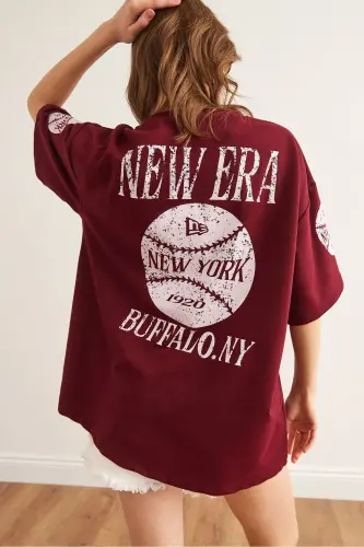 Kadın Newyork Bordo Ön Arka Baskılı 2 iplik Unisex Oversize Tişört TSH-19000696 - Newyork Bordo - 4