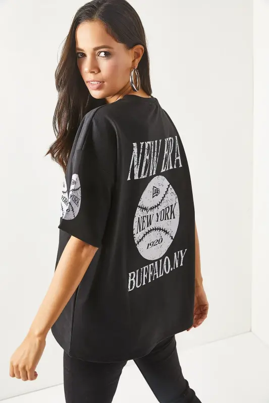 Kadın Newyork Siyah Ön Arka Baskılı 2 iplik Unisex Oversize Tişört TSH-19000696 - Newyork Siyah - OLALOOK