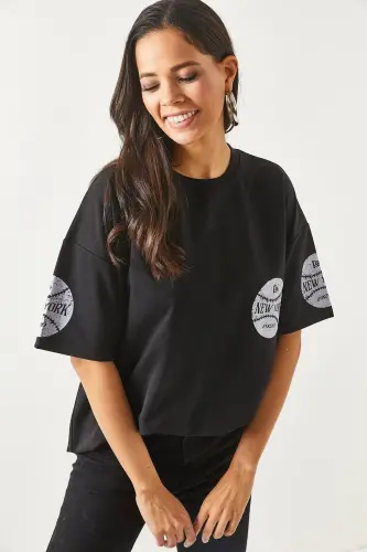 Kadın Newyork Siyah Ön Arka Baskılı 2 iplik Unisex Oversize Tişört TSH-19000696 - Newyork Siyah - 4