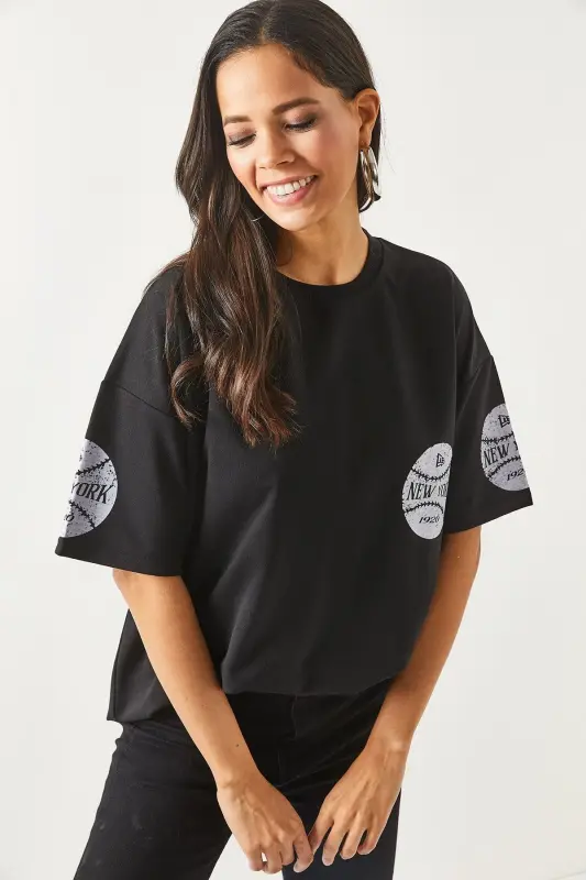 Kadın Newyork Siyah Ön Arka Baskılı 2 iplik Unisex Oversize Tişört TSH-19000696 - Newyork Siyah - 4