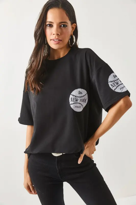 Kadın Newyork Siyah Ön Arka Baskılı 2 iplik Unisex Oversize Tişört TSH-19000696 - Newyork Siyah - 5