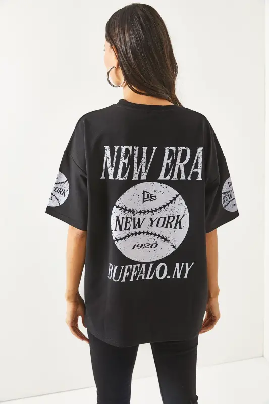 Kadın Newyork Siyah Ön Arka Baskılı 2 iplik Unisex Oversize Tişört TSH-19000696 - Newyork Siyah - 7