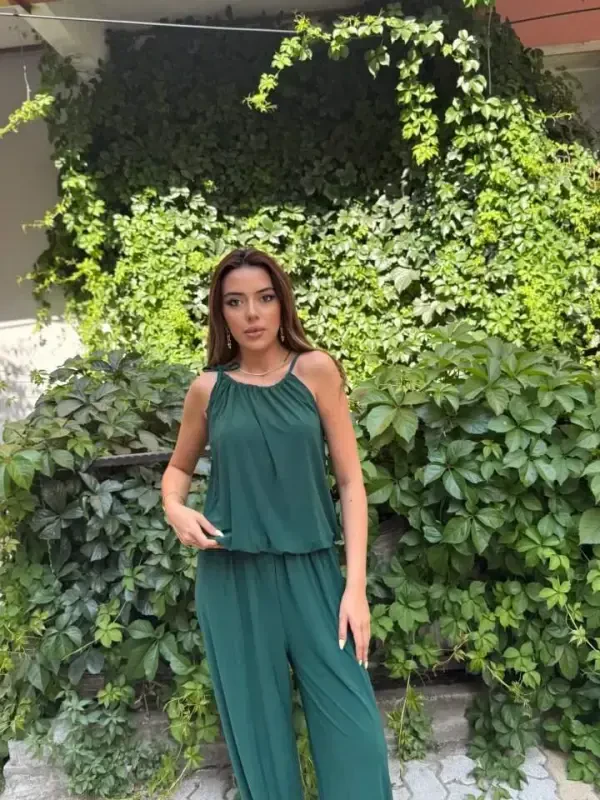 Kadın Omuz Askılı Döküm Detay Salaş Sandy Kumaş Tulum - BÜYÜKBEDENIZ