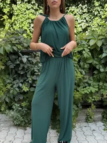 Kadın Omuz Askılı Döküm Detay Salaş Sandy Kumaş Tulum - 3