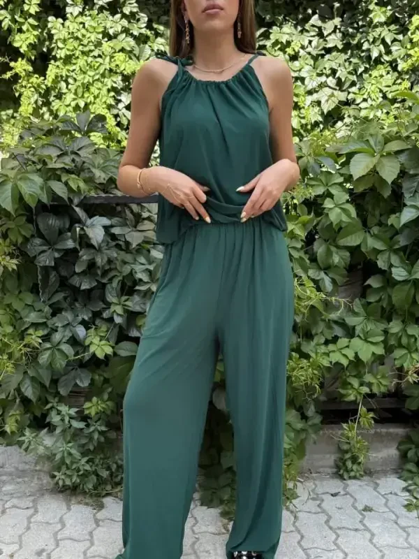 Kadın Omuz Askılı Döküm Detay Salaş Sandy Kumaş Tulum - 3