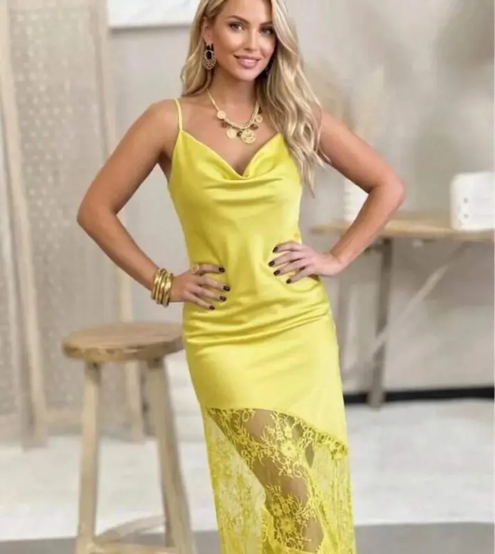 Kadın Omuz Askılı Fantel Güpür Transparan Detay Saten Elbise - 2