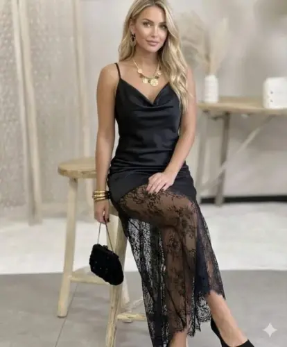 Kadın Omuz Askılı Fantel Güpür Transparan Detay Saten Elbise - 1