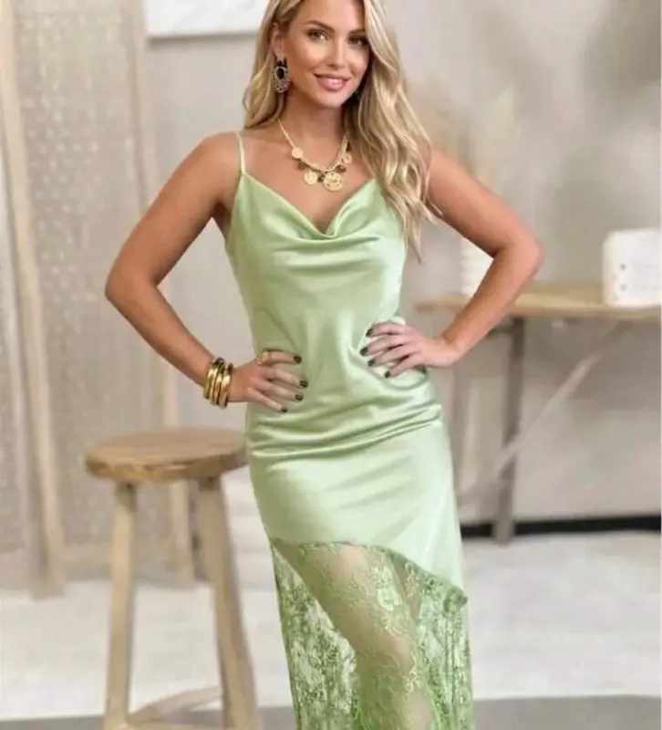 Kadın Omuz Askılı Fantel Güpür Transparan Detay Saten Elbise - 1