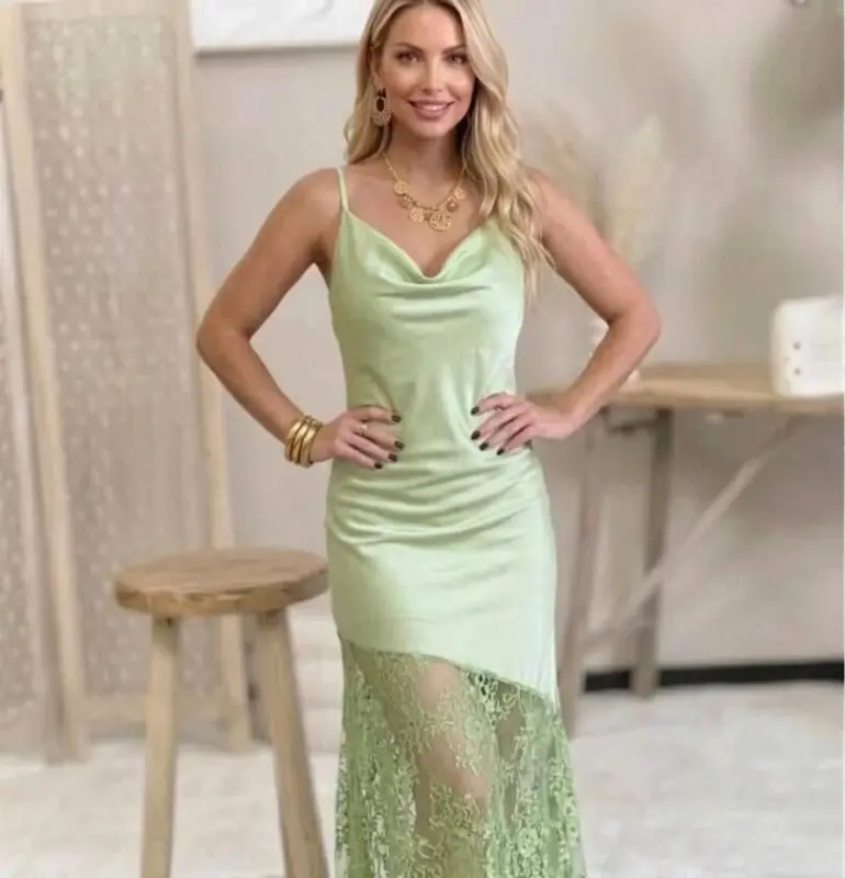 Kadın Omuz Askılı Fantel Güpür Transparan Detay Saten Elbise - 3