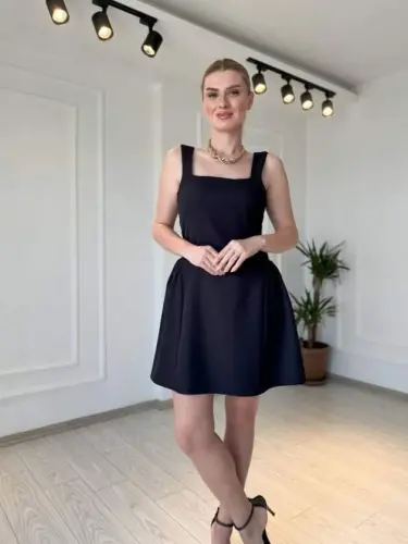 Kadın Omuz Askılı Kare Yaka Ithal Atlas Kumas Mini Elbise - BÜYÜKBEDENIZ (1)