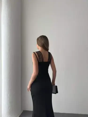 Kadın Omuz çoklu Askılı önü Taş Işlemeli Balık Kesim Janjan Krep Maxi Boy Elbise - 3