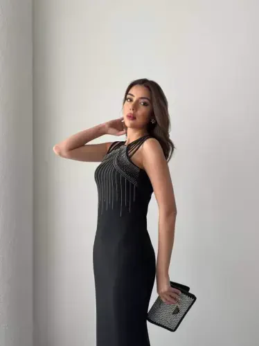 Kadın Omuz çoklu Askılı önü Taş Işlemeli Balık Kesim Janjan Krep Maxi Boy Elbise - 5