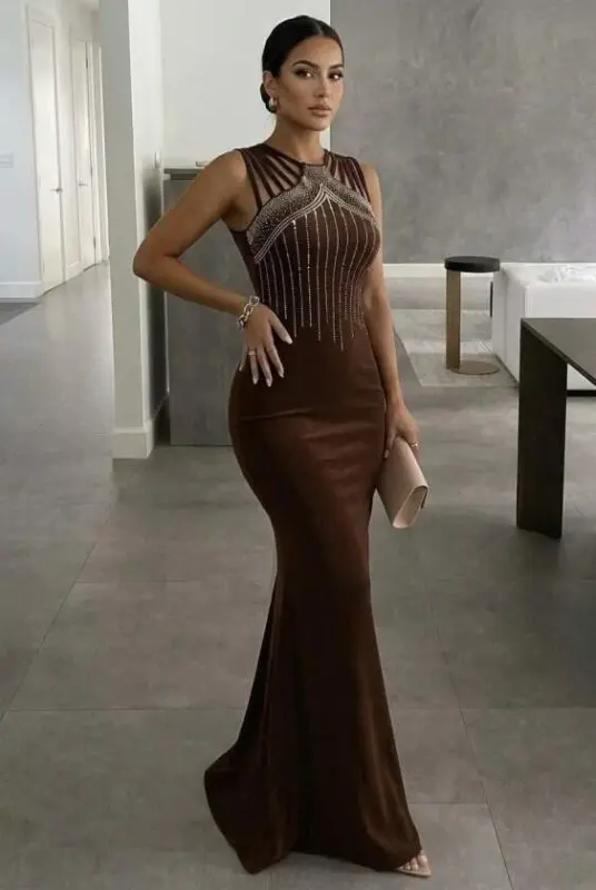 Kadın Omuz çoklu Askılı önü Taş Işlemeli Balık Kesim Janjan Krep Maxi Boy Elbise - 3