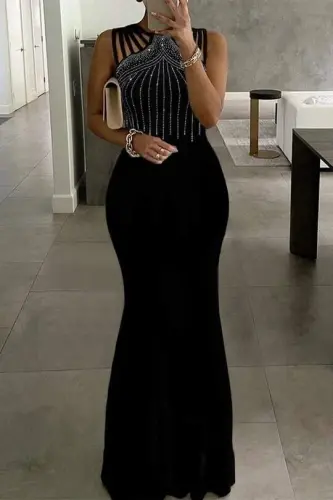 Kadın Omuz çoklu Askılı önü Taş Işlemeli Balık Kesim Janjan Krep Maxi Boy Elbise - 1