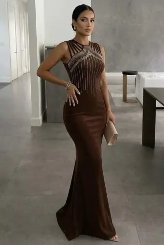 Kadın Omuz çoklu Askılı önü Taş Işlemeli Balık Kesim Janjan Krep Maxi Boy Elbise - 3