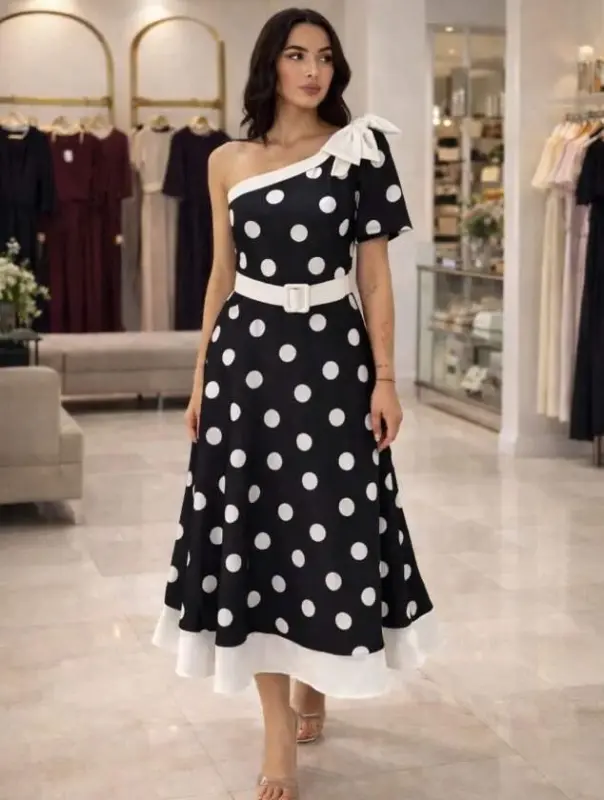 Kadın Omuz Dekolteli Fiyonk Ve Puantiye Detay Maxi Boy Elbise - 1