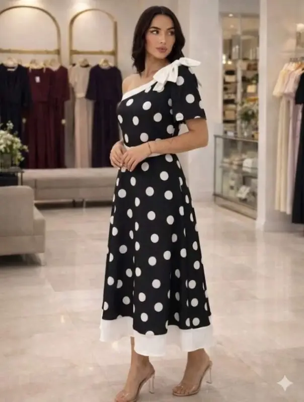 Kadın Omuz Dekolteli Fiyonk Ve Puantiye Detay Maxi Boy Elbise - 2