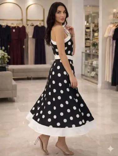 Kadın Omuz Dekolteli Fiyonk Ve Puantiye Detay Maxi Boy Elbise - 3