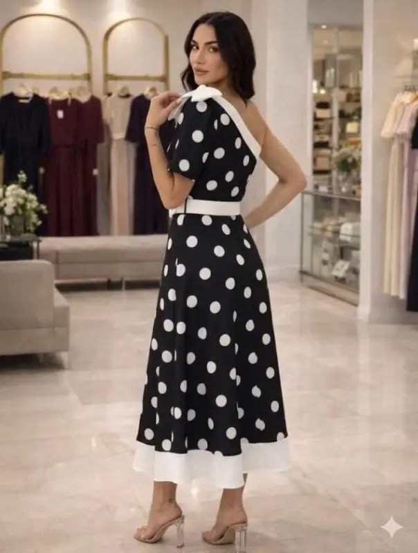 Kadın Omuz Dekolteli Fiyonk Ve Puantiye Detay Maxi Boy Elbise - 4