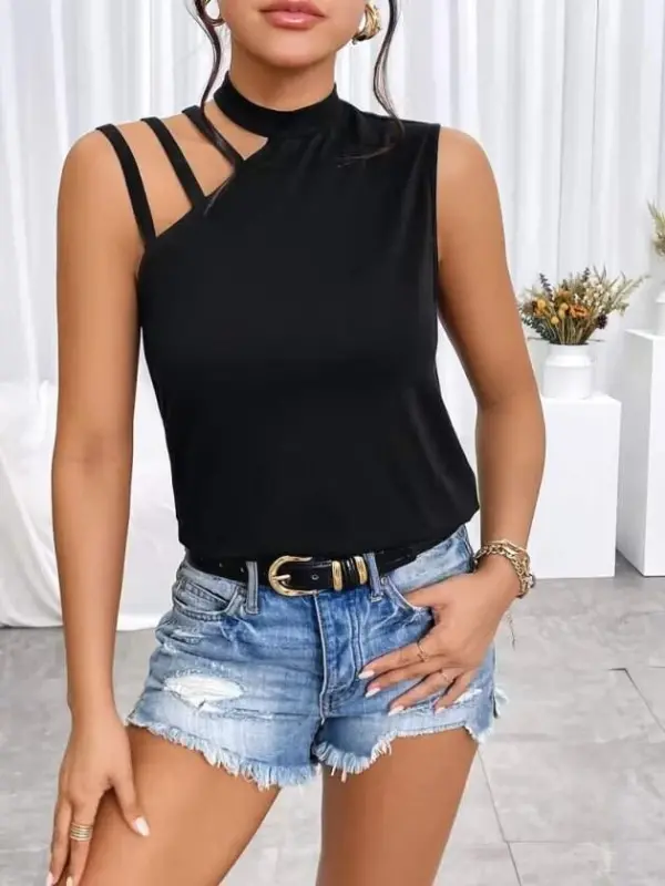 Kadın Omuzdan şerit Detaylı Yarı Balıkçı Yaka Viskon Bluz - 5