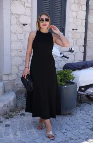 Kadın Omuzlardan Açık Arkadan Aksesuar Detaylı Yırtmaçlı Janjan Krep Elbise - 3