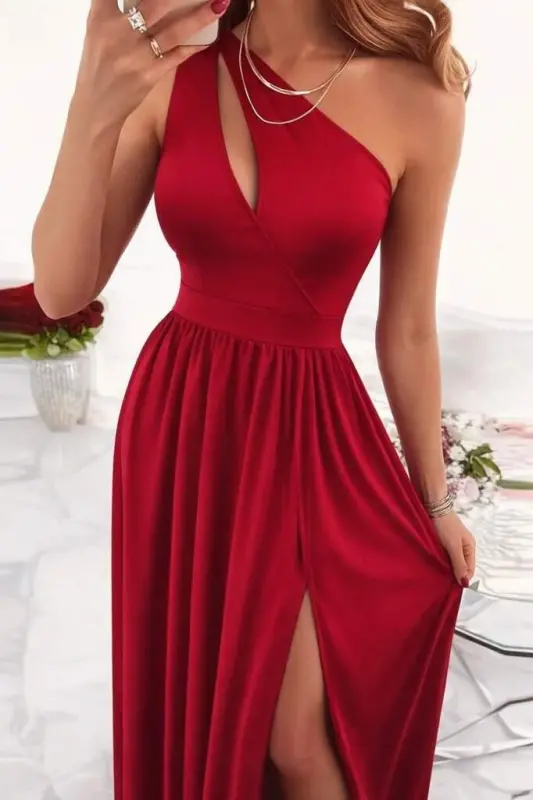 Kadın Omuzlardan Açık Asimetrik Yaka Detaylı Yırtmaçlı Maksi Boy Janjan Krep Elbise - 2