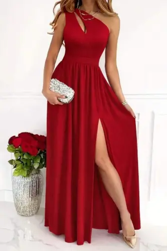 Kadın Omuzlardan Açık Asimetrik Yaka Detaylı Yırtmaçlı Maksi Boy Janjan Krep Elbise - 3